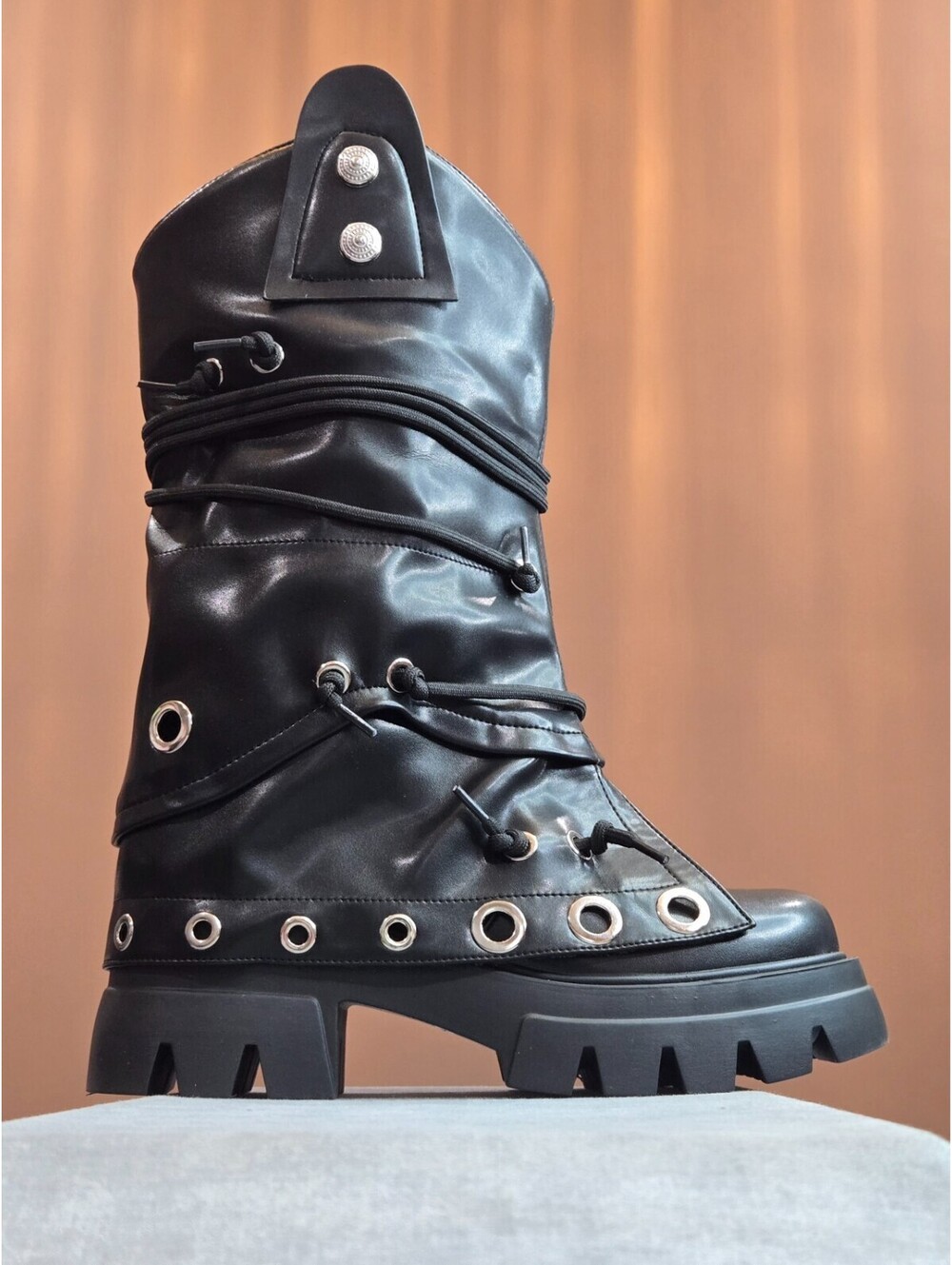 Black Cinching Combat Bootie, Mid-Calf, Almond Toe, Chunky Heel, Women's 7 NEW